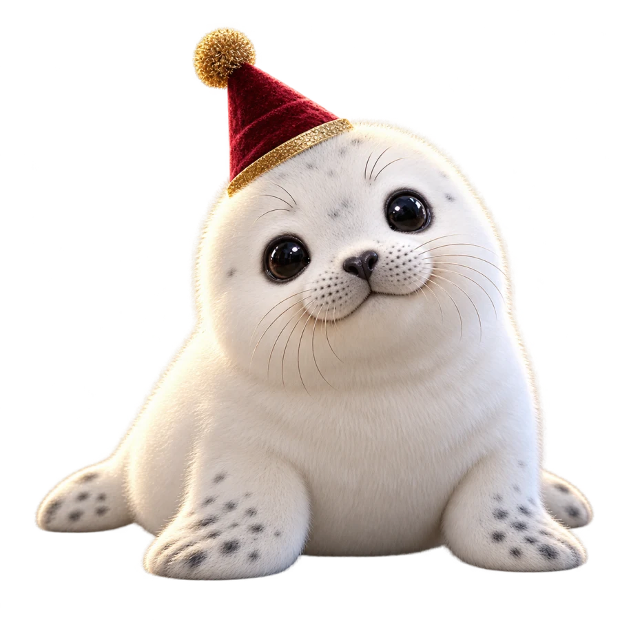 A fluffy baby seal with glossy eyes and a tiny velvet party hat